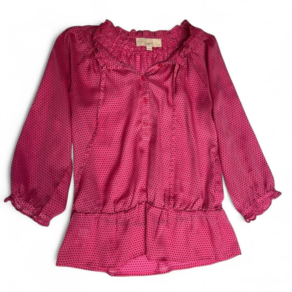 LOFT pink blouse with black polka dots.